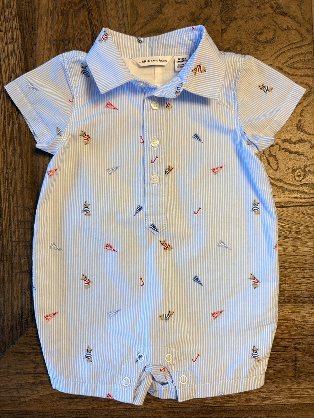 Janie and Jack Striped Blue French Bulldog Flag Romper Baby Size 0-3 Mo.